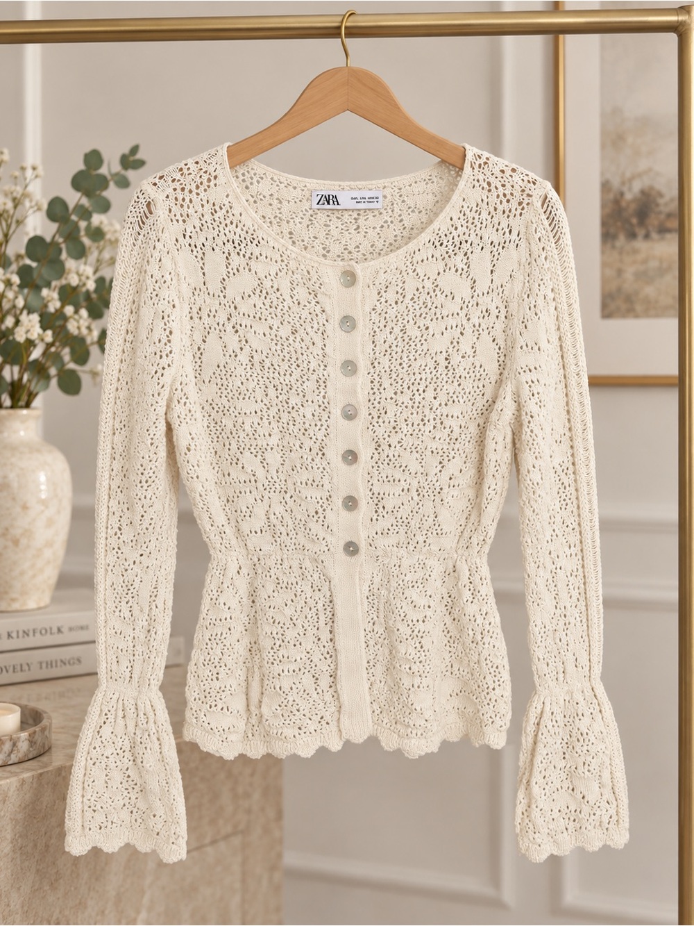 Zara Cream Crochet Button-Front Cardigan, size L